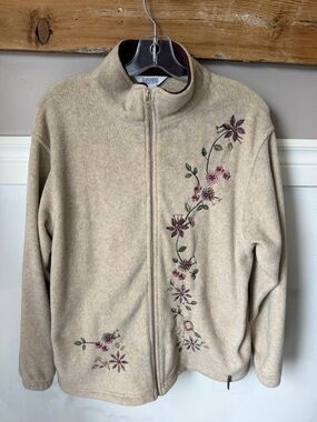 Vintage 90s Northern Reflections Floral Embroidered Fleece Jacket Oatmeal Size M